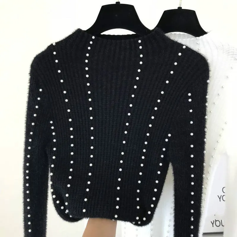 

Beaded Artificial Mink Sweater Women Slim Fit Knitted Sweater Female Lady All-Match Basic Tops Jumpers White Black