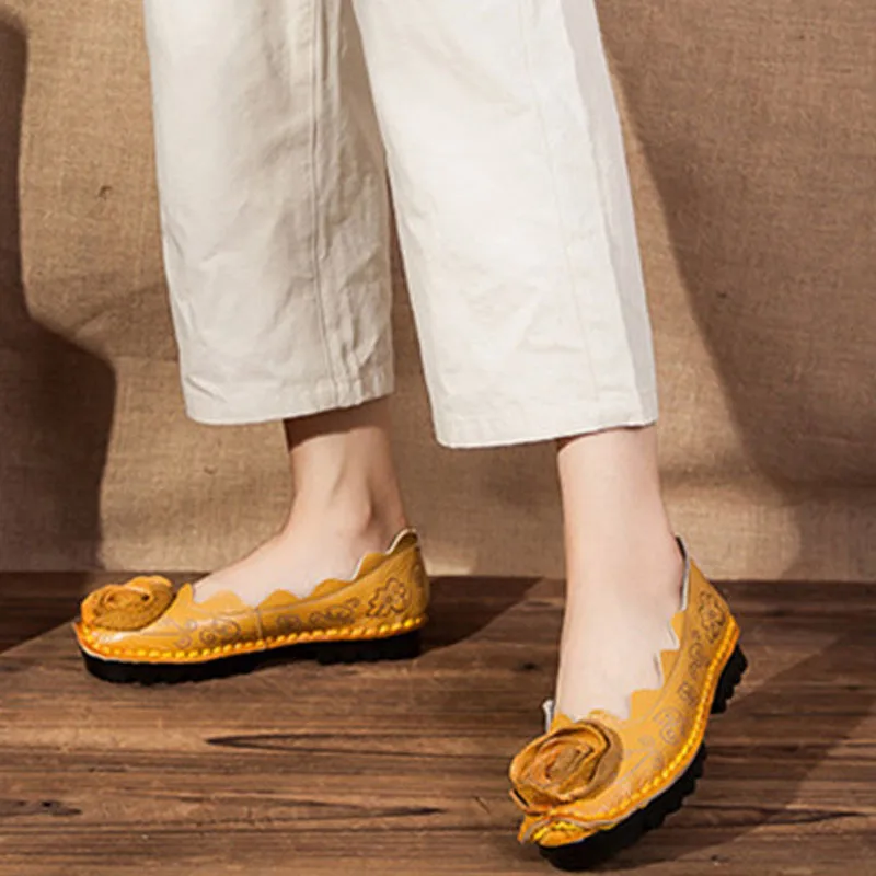 

SNURULAN 2021Handmade Genuine Leather Shoes flat Flowers Single Shoes National Wind Comfortable Soft Bottom Summer Peas Shoes