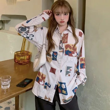 Women Autumn Spring Blouses Korea Style Design Sense Retro Printing Loose Long-sleeved Shirts 1