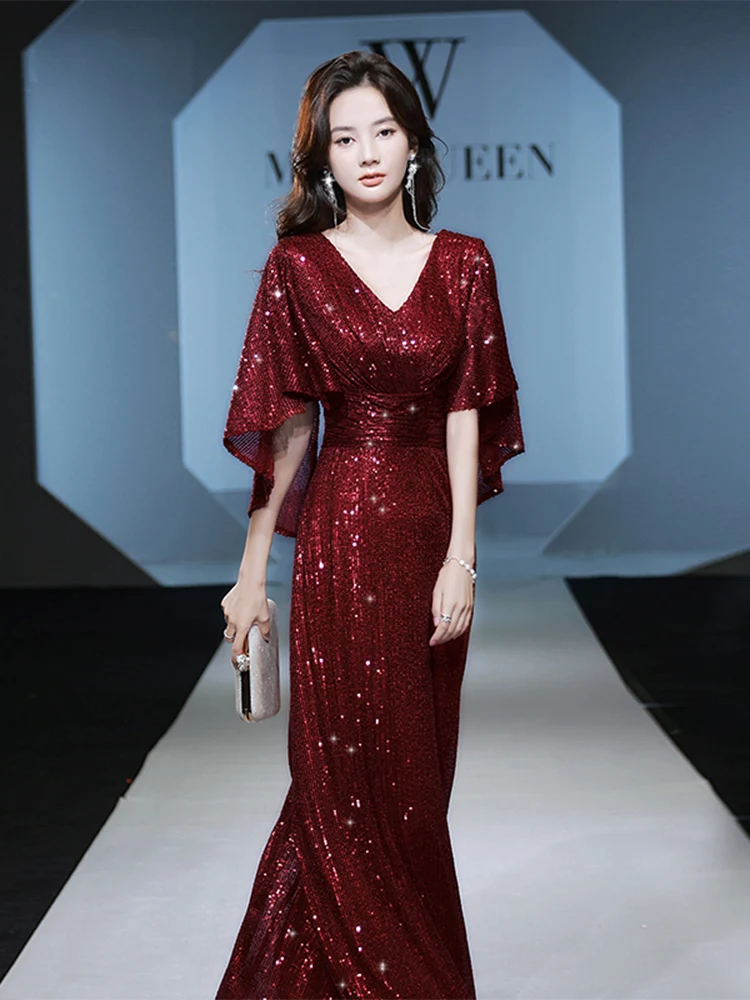

Женское вечернее платье, элегантное блестящее платье с V-образным вырезом, рукавом до локтя, винного цвета, 2021