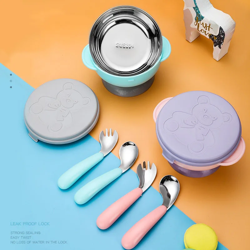 

3 Pcs/Set Food Warm Injection Hot Water Insulation Kids Dishes Stainless Steel Tableware Baby Sucker Feeding Bowl Plate Gadgets