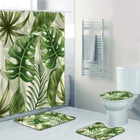 green tropical plants leaves bathroom shower curtains polyester waterproof toliet seat cover nonslip flannel bath carpet u rug