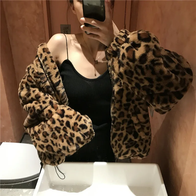 

Winter Jacket Women Chaqueta Vintage Leopard Stand Collar Zipper Outwear Lady Loose Plus Size Fuzzy Coat Top Streetwear