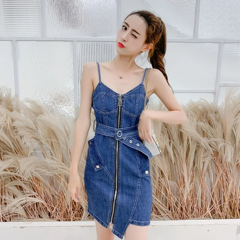 

Sexy Off Shoulder Blue Belt Zipper Denim Dresses Women Spring New Fashion Slim Spaghetti Strap Jeans Dress Streetwear Lady