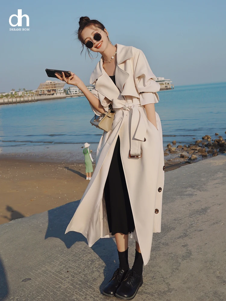 

Женский двубортный Тренч DH, пальто в Корейском стиле, длинная бежевая накидка, верхняя одежда, весна-осень