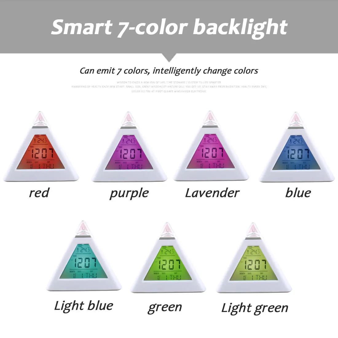 

Alarm Clock 7 Colors LED Changing Digital Pyramid Style Table Clock Thermometer Backlight Calendar Home Decor Accessories
