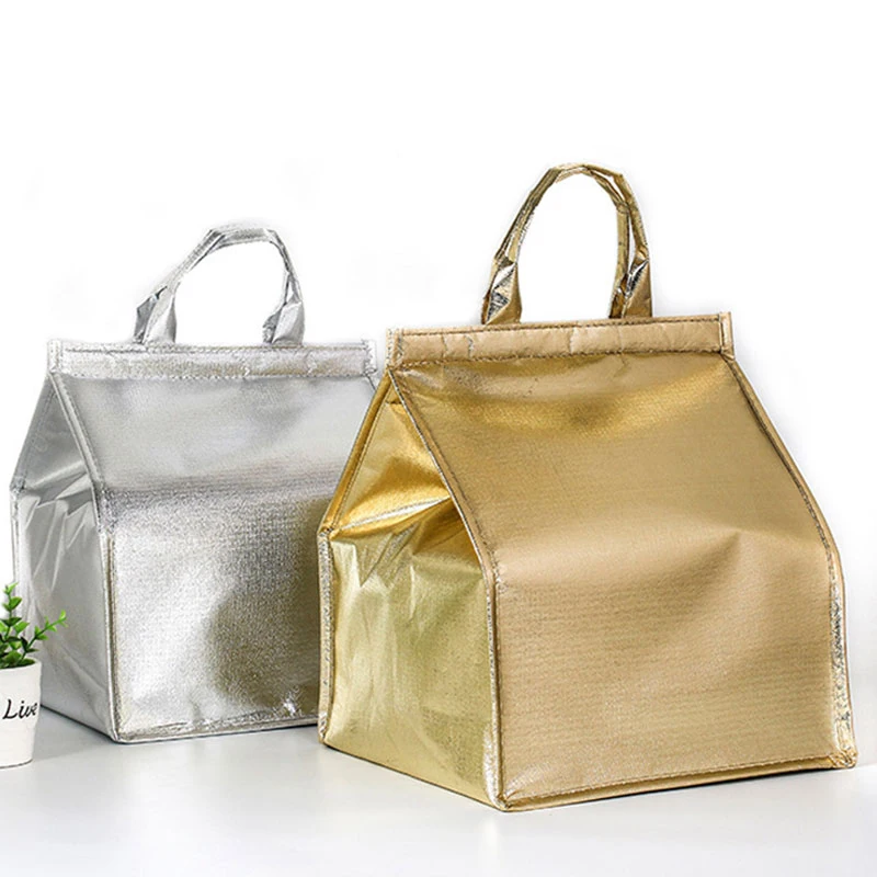 

1Pc Golden Silver lunch bag women Fresh Cooler Bags Waterproof Portable Zipper Thermal Oxford Lunch box Tote Food Bags 6 Sizes