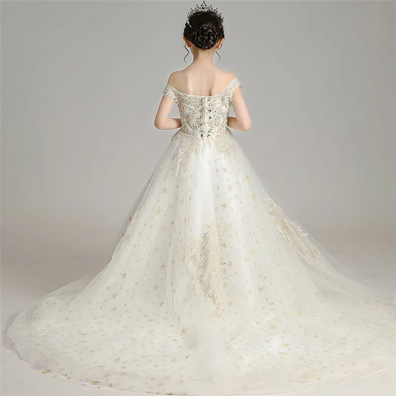 

Children Girls Luxury Shoulderless Embroidery Flowers Evening Party Birthday Long Tail Princess Dress Kid Host Piano Dress Wear