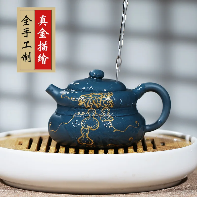 

★raw ore Tianqing clay painted gold gourd purple clay teapot pure handmade green clay household teapot Kung Fu Tea Set