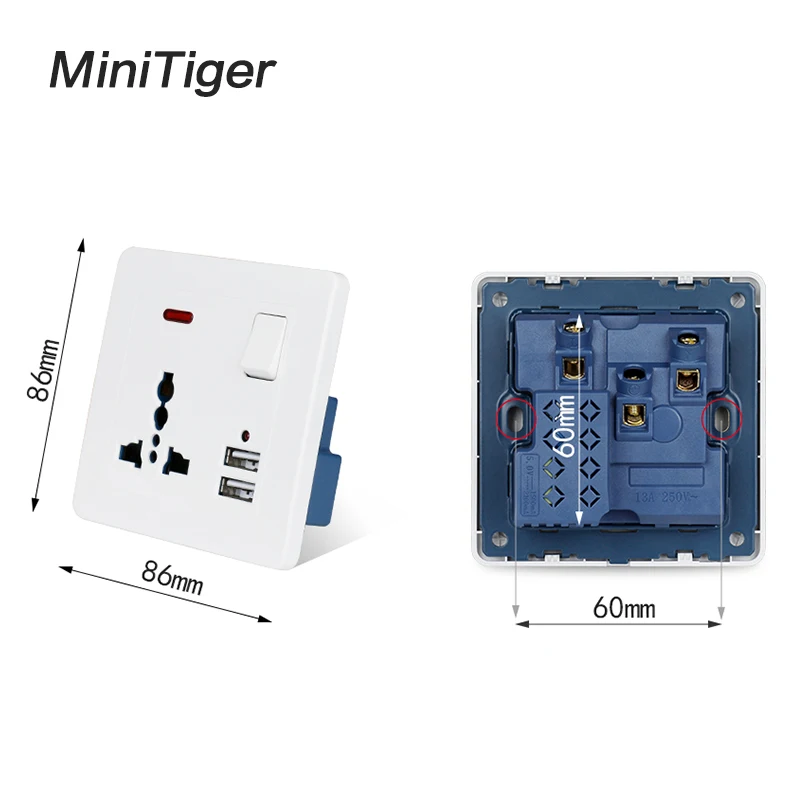 Настенная розетка Minitiger 13 А универсальная с 3 отверстиями 2 1 двойной usb-порт для