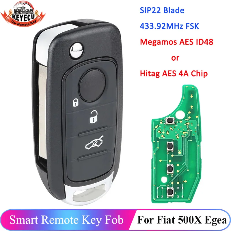KEYECU 3 Button 433MHz Megamos AES ID48 Hitag AES 4A Chip Flip Remote For Fiat 500X Egea Tipo 2016 2017 2018 2019 Car Key Fob