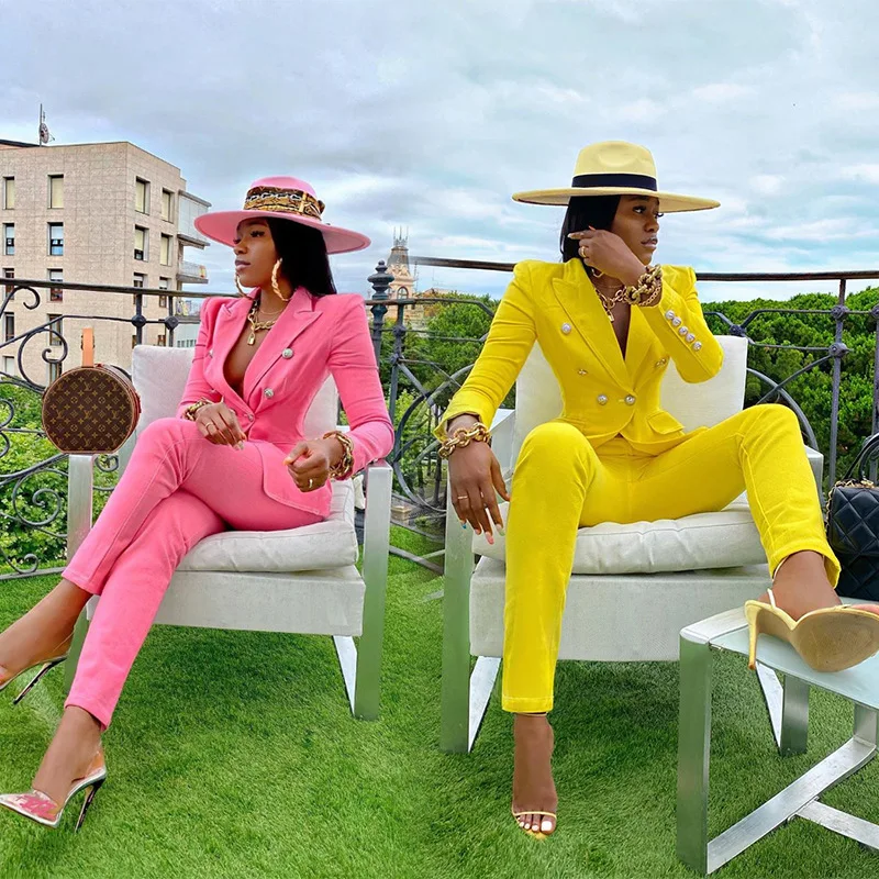 

2021 Autumn Pant Suits 2PCS Pink Yellow Double Breasted Blazer Jacket +Pencil Pant Two Pieces Set Elegant Sexy New Casual Suits