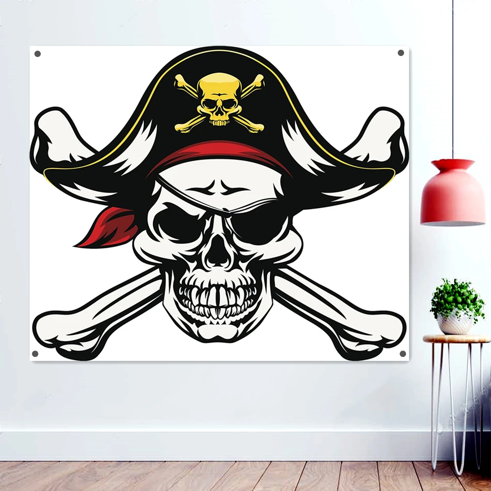 

Pirate Flag 100% Polyester High Quality Printed Pirate Jolly Roger Poster Rackham Skull Bone Banner With Four Metal Buckle