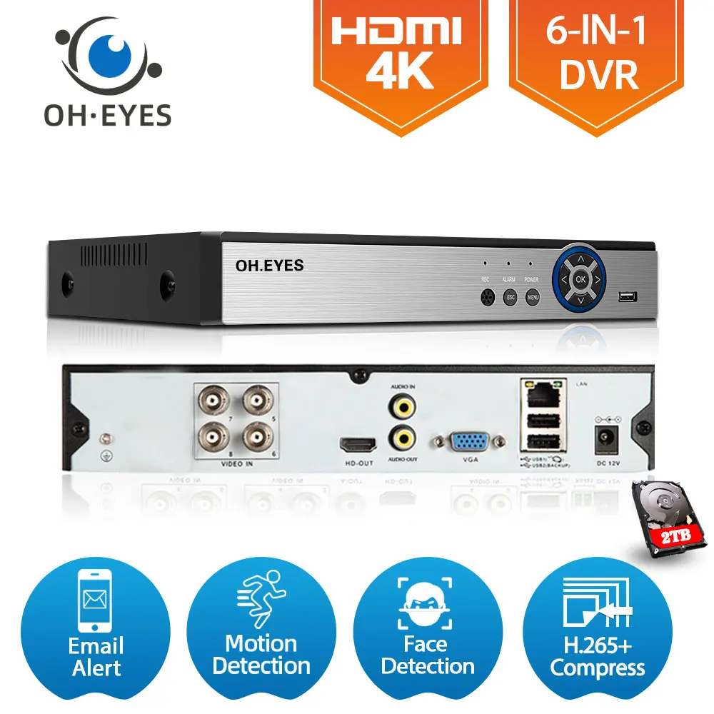 4K гибридный 6 в 1 CCTV DVR TVI CVI AHD CVBS IP-камера цифровой видеорегистратор 4 канала