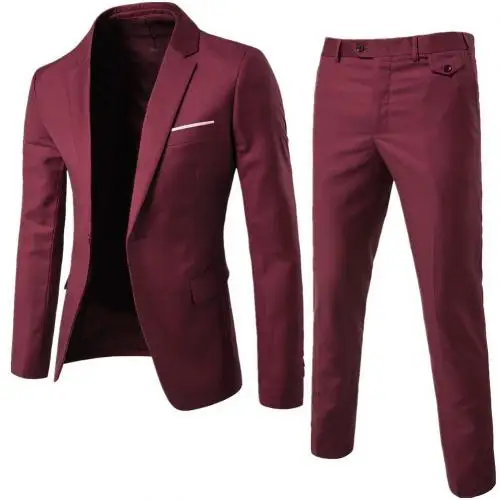 Wine Red 2 шт./компл. мужской костюм размера плюс Для мужчин сплошной Цвет, с длинным рукавом, с отворотом, спортивного покроя, облегающая Бизнес костюм рабочая одежда Бизнес костюмы - Цвет: Wine Red