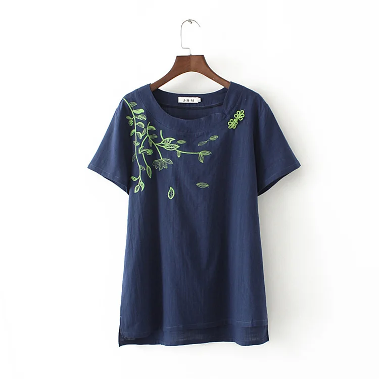 Размера плюс с цветочной вышивкой из хлопка и льна свободные женские футболки 2020