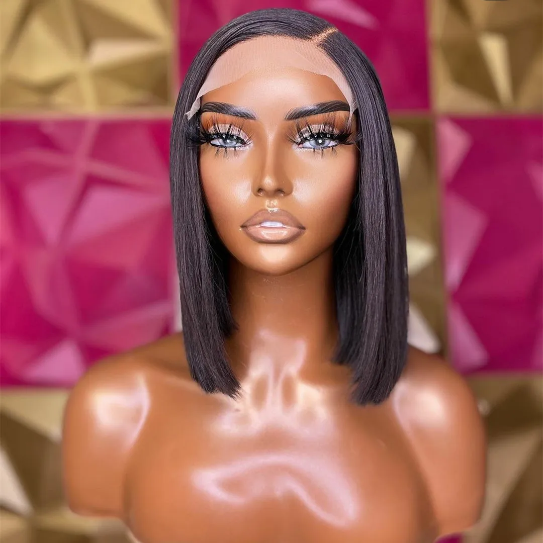 

26Inch 180%Density Meddle Part Short Bob Wigs Black Color Straight Glueless Lace Front Wig For Women With Baby Hair Babyhair