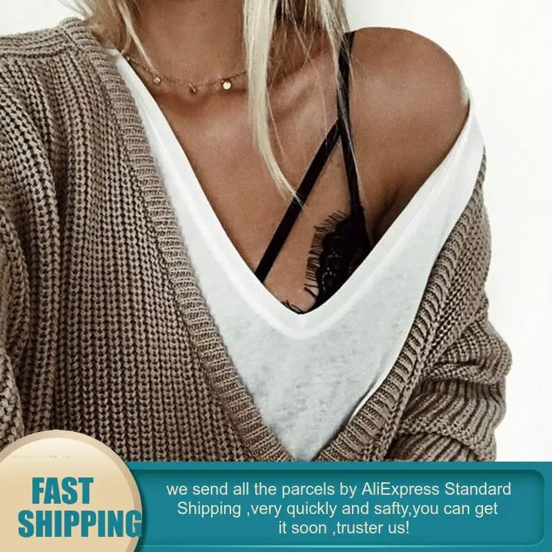 Fluffy Deep V Neck Ribbed Sweater Pullover Women Knit Oversized Solid Jumpers Off Shoulder Colorful Sweaters Chompas Para Mujer | Женская