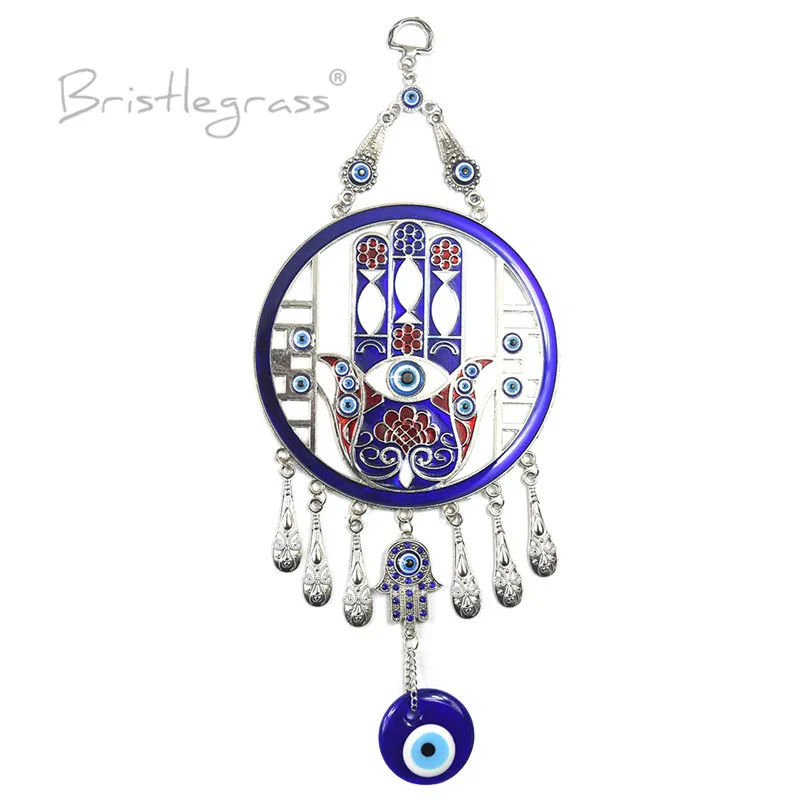 BRISTLEGRASS Турецкая голубой с клипсами Дурной глаз диск хамса руки цветок настенный