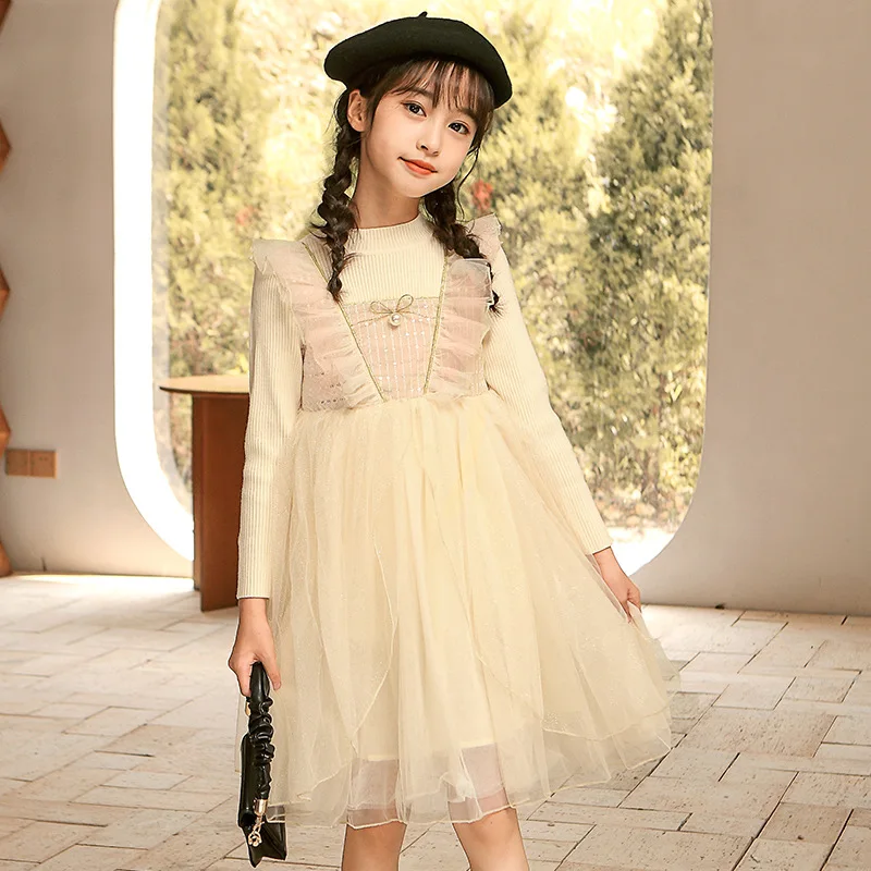 

5 To 14 Years Teen Girls Spring Princess Sweater Dress 2022 New Autumn Cute Children Clothing Baby Party Dresses Mesh Patchwork