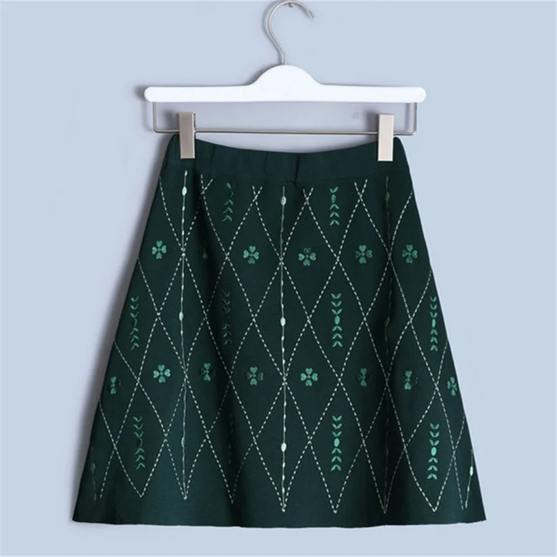 Туника с высокой талией зеленая юбка цветочной вышивкой Женская Винтажная