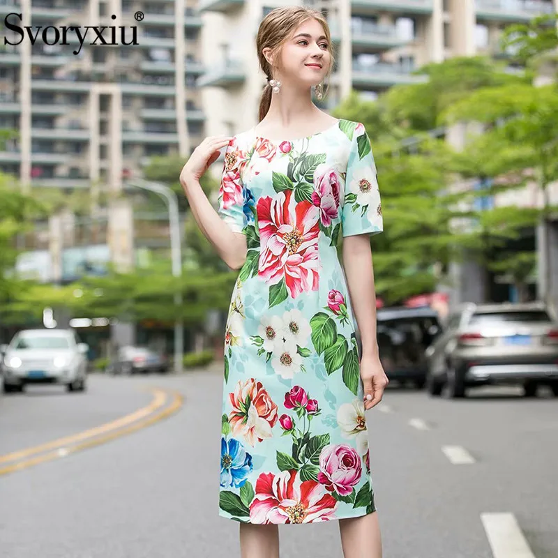 

Svoryxiu Fashion Runway Summer Dress Women's Short Sleeve Charming Big Flower Print Elegant Party Mid-Calf Dresses Vestdios