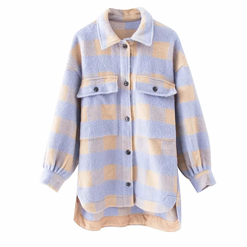 

Fashion Women Purple Plaid Woolen Shirts 2021 Elegant Ladies Oversize Long Shirt Vintage Female Stylish Thick Blouses Girls Chic