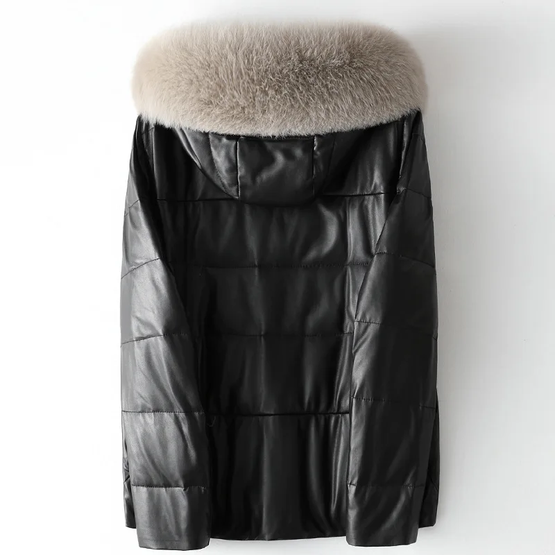 Hot Selling Genuine Leather Sheep Skin Down Jacket Thick Warm Fall Fox Hair Hooded Coat Female Black Winter Clothes with Pockets