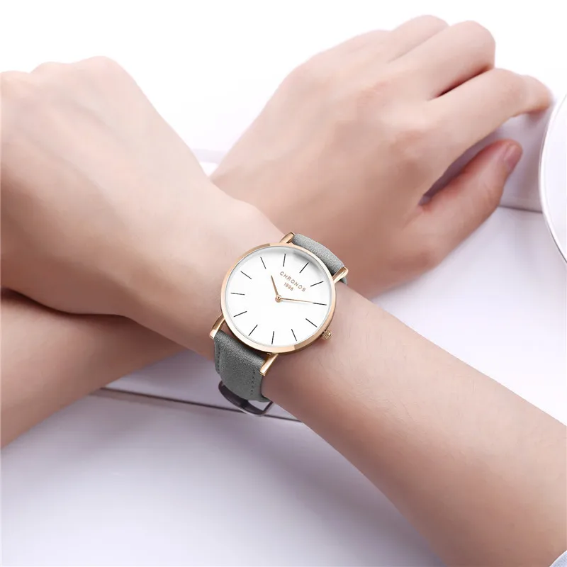 Модные брендовые женские часы Chronos с простым кожаным ремешком кварцевые золотым