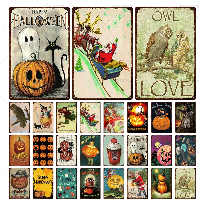 

Halloween Pumpkin Ghost Face Lamp Tin Sign Holiday Celebration Decoration Iron Painting Metal Plaque Festival Gift Retro Plaque