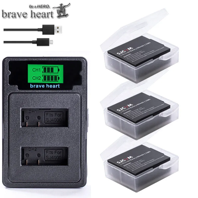 charger and 3battery Аккумулятор SJCAM sj4000+ sj 4000 sj 5000 sj 6000 Dual USB зарядное устройство для камеры sj4000 sj5000 sj6000 sj7000 SJ8000 SJ M10 - Цвет: charger and 3battery