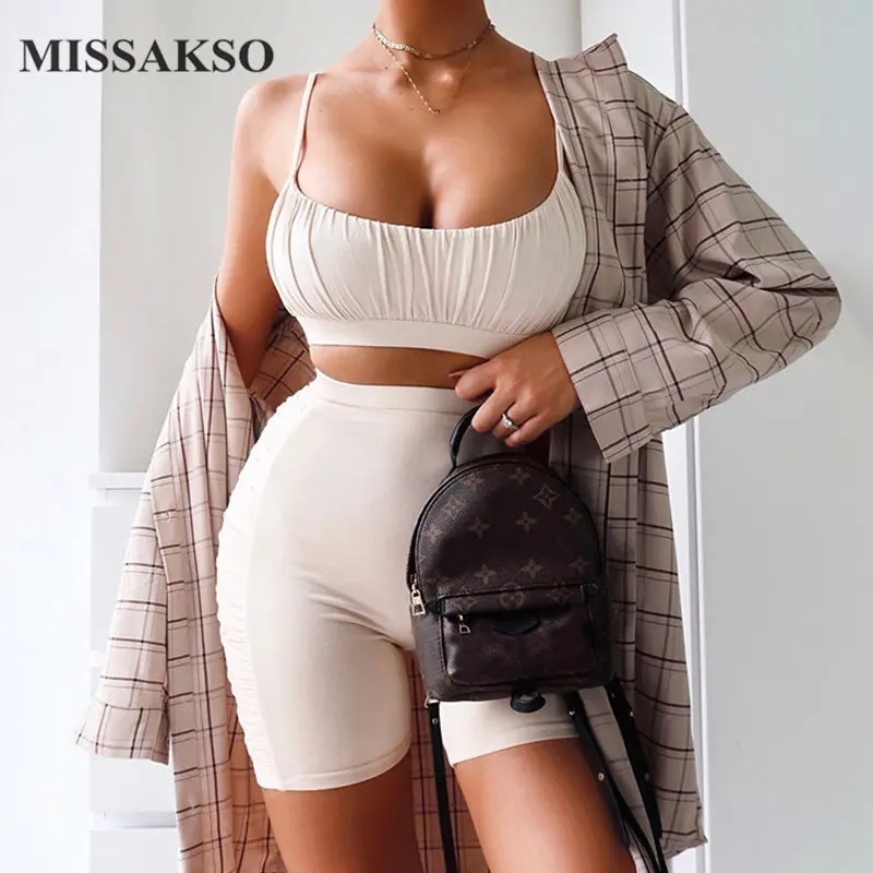 

Missakso Casual Women Summer Two Piece Set Bodycon Outfits Sexy Ladies Backless Solid Spaghetti Strap Crop Top and Shorts