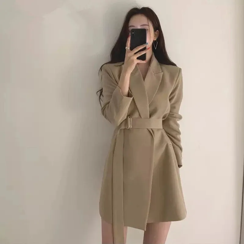 

Spring Autumn Women's Long Blazers Jacket With Belt Female Notched Outerwear Office Lady Coat England Style Cardigan