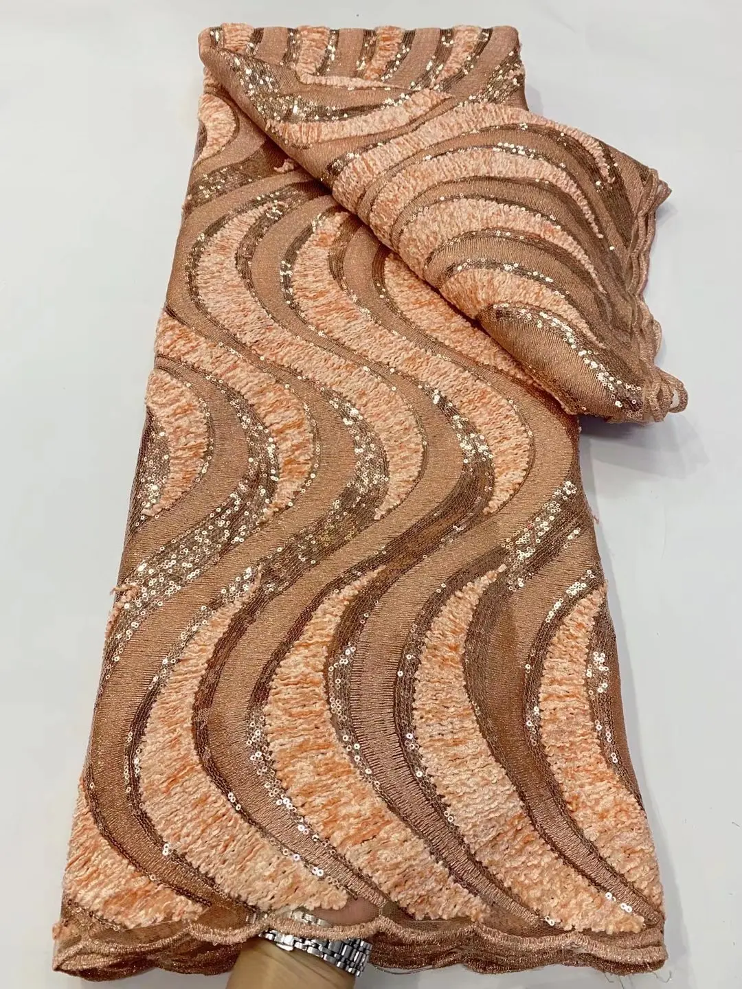 

AsoEbi Turtle 2021 Peach Color Fashion Nigeria Party French Lace Fabric With Velvet and Sequins 5 Yards Tulle Material T213