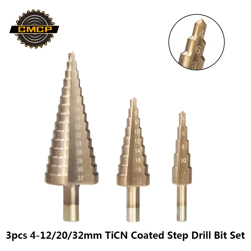 3 шт. 4-12 4-20 мм 4-32 мм TiCN Coated набор ступенчатых сверл HSS Core сверло треугольный хвостовик шаг конусное сверло строгий Дырокол