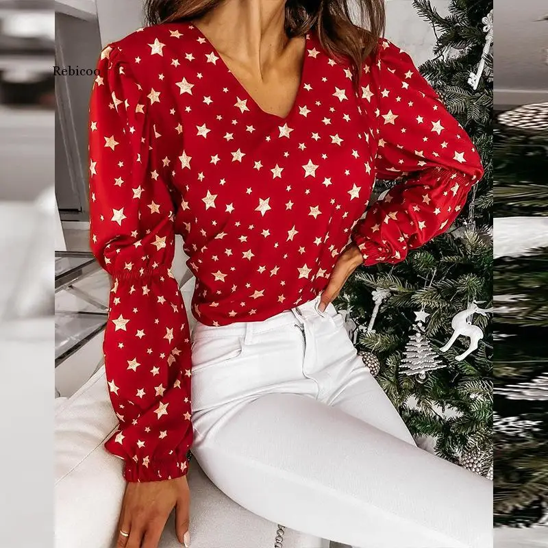 

New Fashion Women Elegant Blouse Sexy V Neck Big Backless Bow Star Print Long Sleeve Slim Tops 2021 Spring Autumn Ladies Blouses