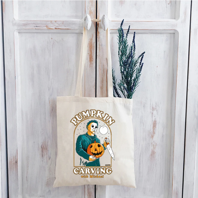 

Carving with Men Canvas Tote Bag Woman Skull Shopping Bags 2021 Halloween Horror Movie Custom Bag Streetwear Tote Print