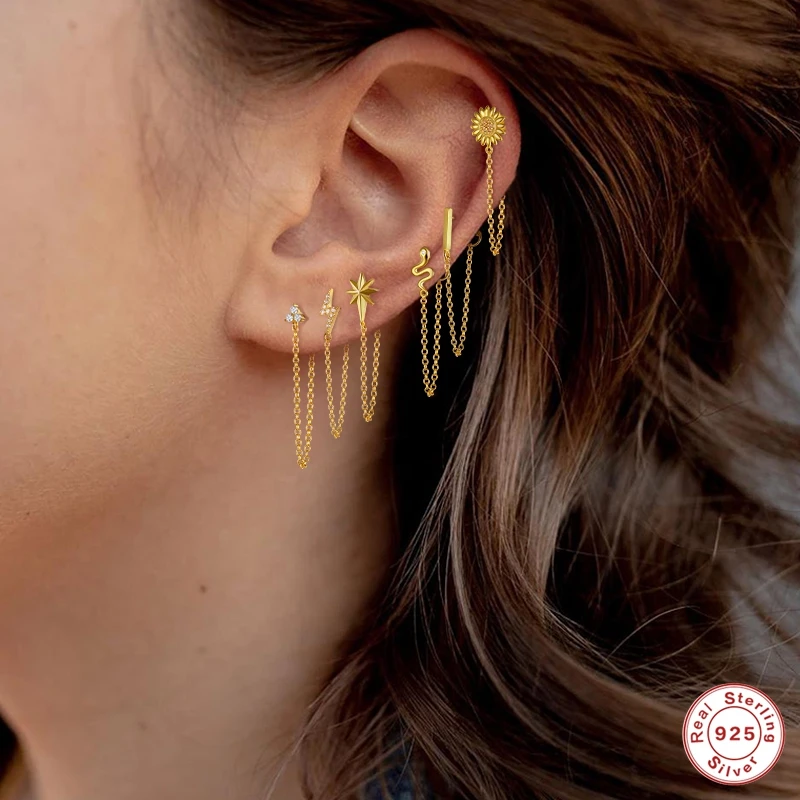 

Aide 2pcs 925 Sterling Silver Earring Tassel Stud Earrings for Women Lovers' Anise Star Snake Lighting Bling Zircon Pendientes