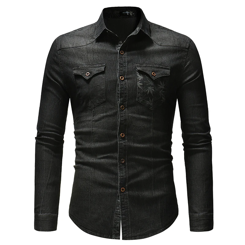 New style denim shirt men's long-sleeved high-quality printed men's shirt cotton breathable denim shirt casual shirt