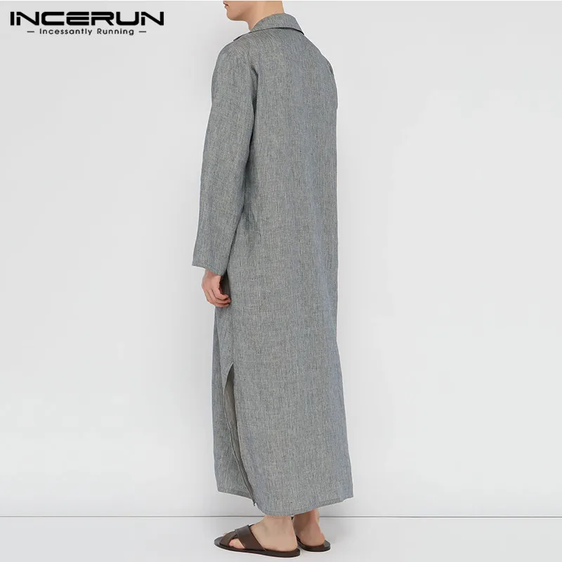 

INCERUN Men Pajamas Robes Solid Color V Neck Long Sleeve Hooded Homewear Muslim Kaftan Men Nightgown With Belt Sleepwear S-5XL
