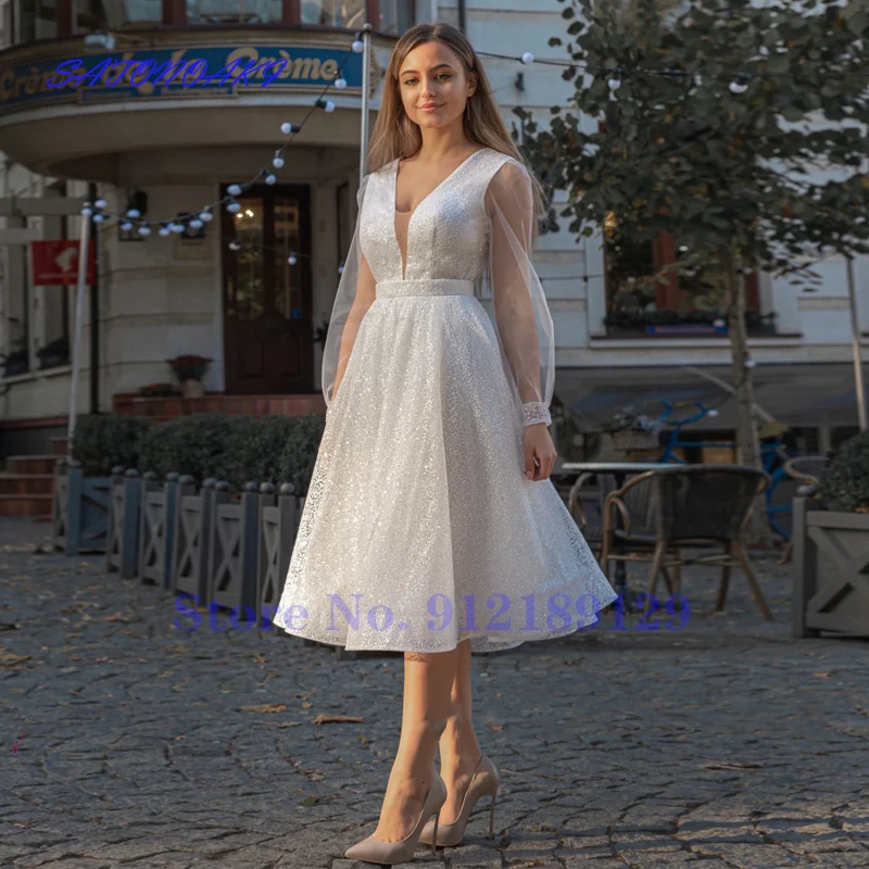 

Vestidos De Novia 2021 Graceful White Ivory Long Sleeves Short Sequin Wedding Dresses A Line Knee Length Beach Bridal Gowns