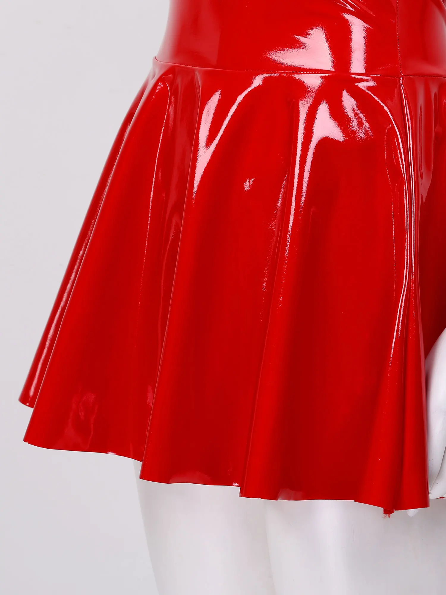 Womens Ladies Faux Leather Pleated Mini Dress Sleeveless Backless Wet Look Dress A-line Sexy Clubwear Costumes Cocktail Parties