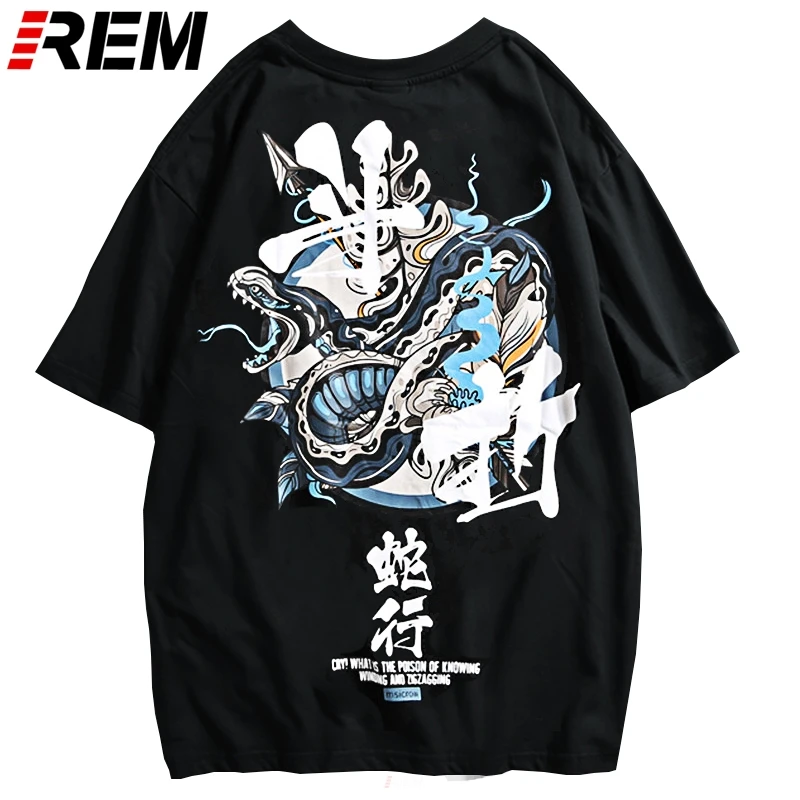 

REM Hip Hop T Shirt Men Snake Chinese Charaters T-Shirts Harajuku Streetwear Spring Summer Tshirt Short Sleeve Tops Tees Cotton