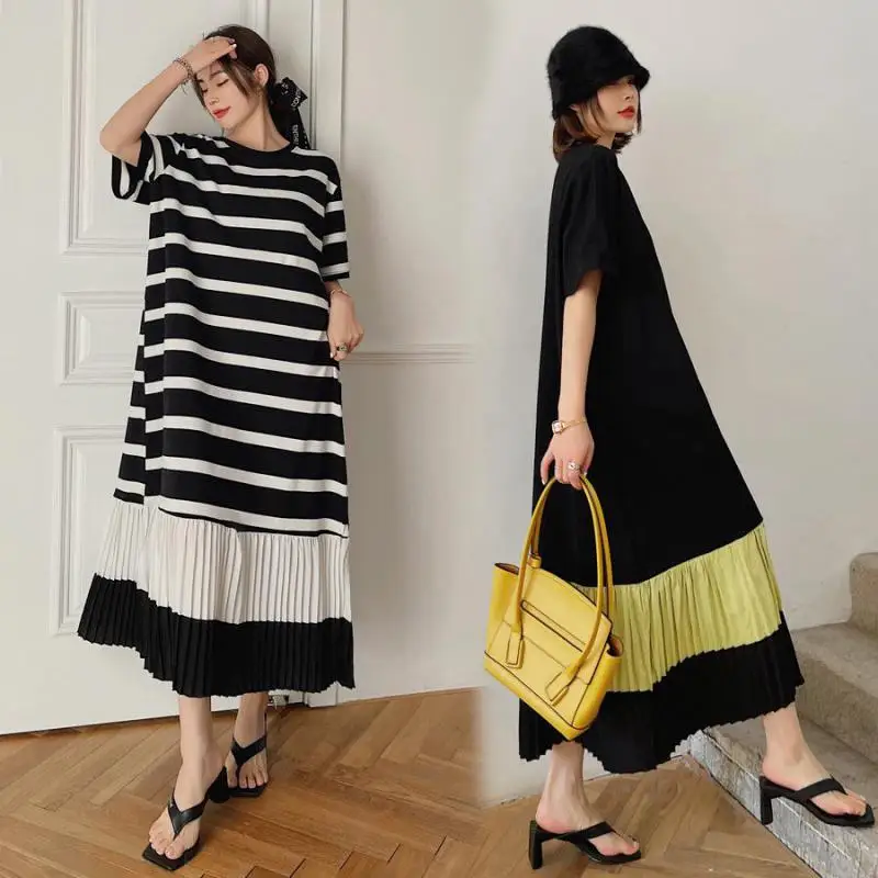 

2022 Summer New Lazy Style Loose Slim Simple Black Short Sleeved T-shirt Dress Casual Stretch All-match Women Tops Free Shipping