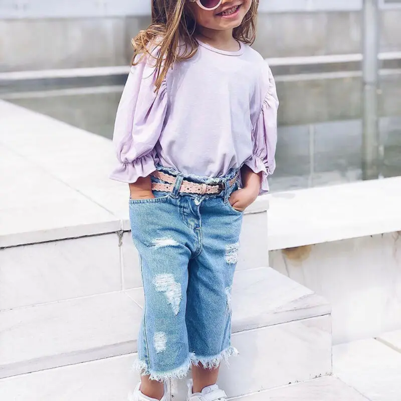 Осенняя одежда хлопковые топы для маленьких девочек футболка джинсовые длинные