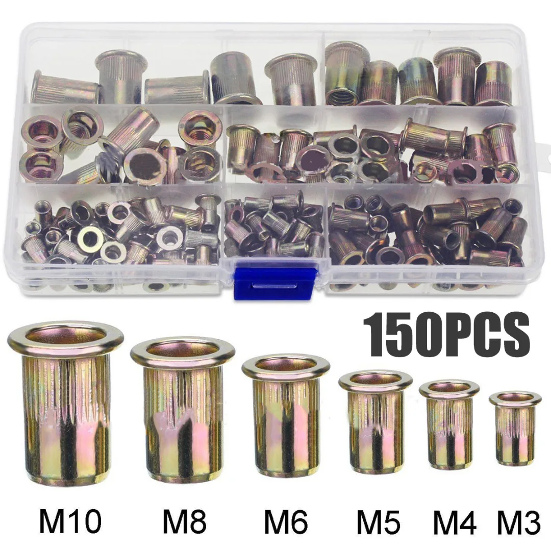 

150PCS/box Zinc Plated Steel Rivet Nuts Flat Head Fastener Set Nuts Insert Riveting M3 M4 M5 M6 M8 M10 Multi Size
