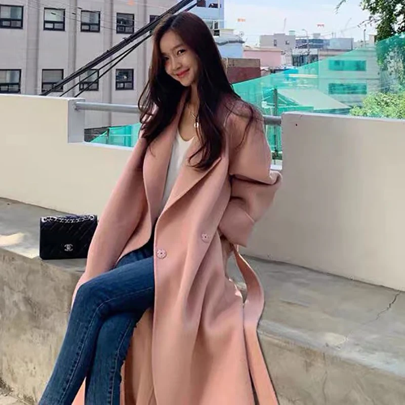 

Autumn And Winter 2021 South Korea Ins Double-sided Cashmere Coat Women's Medium And Long Loose Side Slit Wool Tweed Coat