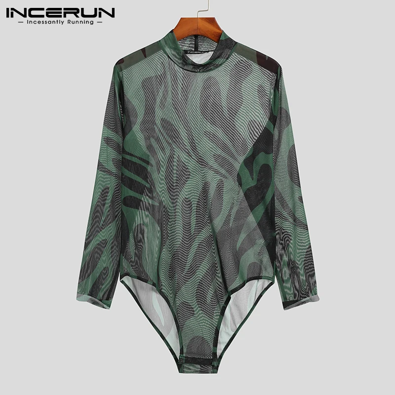 

INCERUN Printed Men Mesh Bodysuits O-neck Long Sleeve Sexy Mesh See Through Underwear Rompers 2021 Fitness Breathable Bodysuits