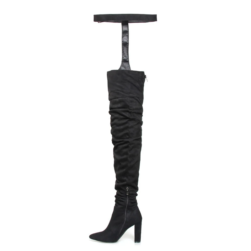 Women Sexy Waist Strap Over Thigh Knee Boots Long High Block Thick Heels Bootie with Pointed Toe Suede Leather Shoes Botas