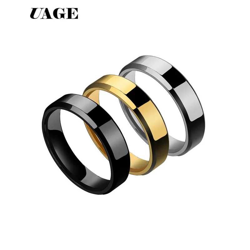 UAGE 2018 6mm Titanium Steel Black Finger Rings For Man Silver Plated Ring Women Golden-color Jewelry Female Wedding | Украшения и